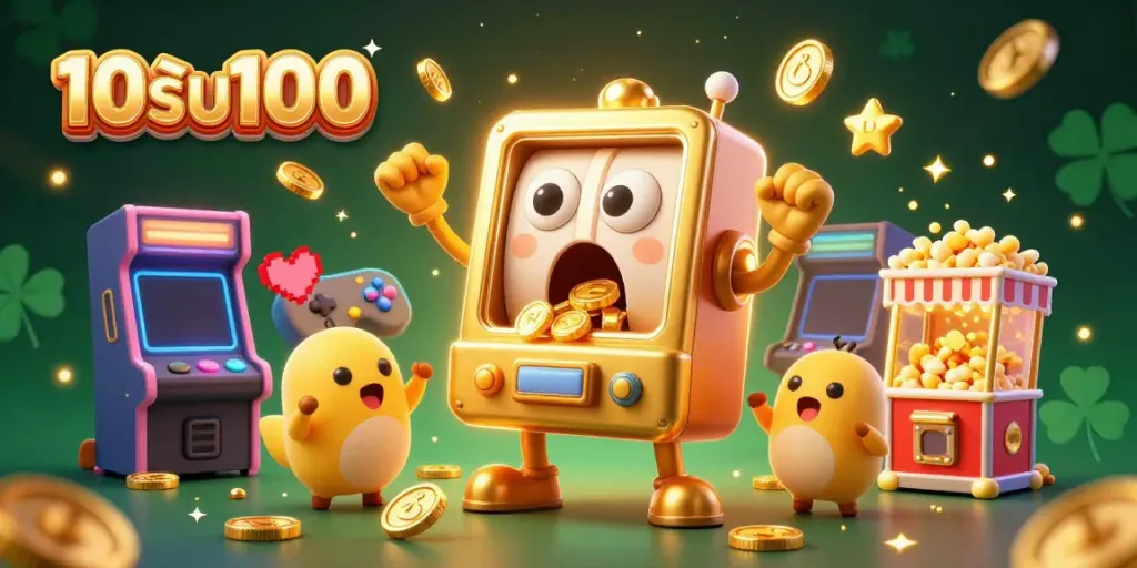 โปรโมชั่น 10รับ100 ที่ทำให้การเล่นสล็อตง่ายและสนุกสนาน ในภาพมีสล็อตแมชชีนทองคำเซ็นต์การ์ตูนที่ชนะแจ็คพอตพร้อมลูกเล่นน่ารัก