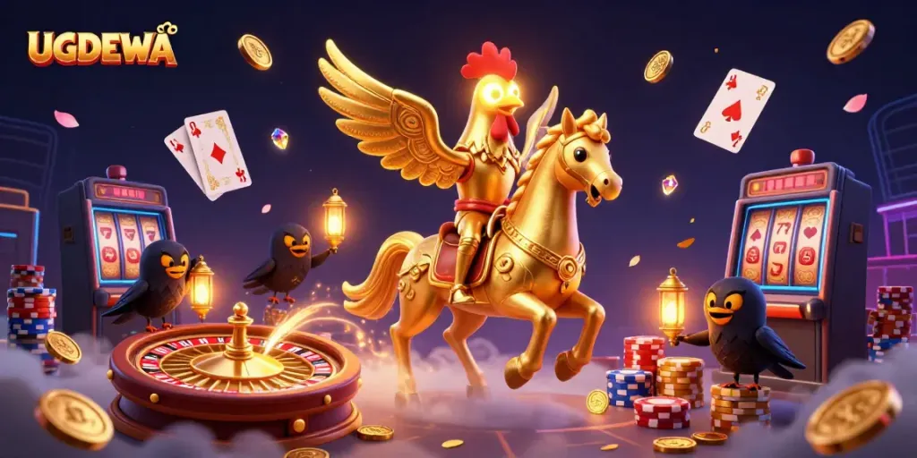 Experience excitement at UGDEWA with the majestic golden rooster riding through a vibrant casino.