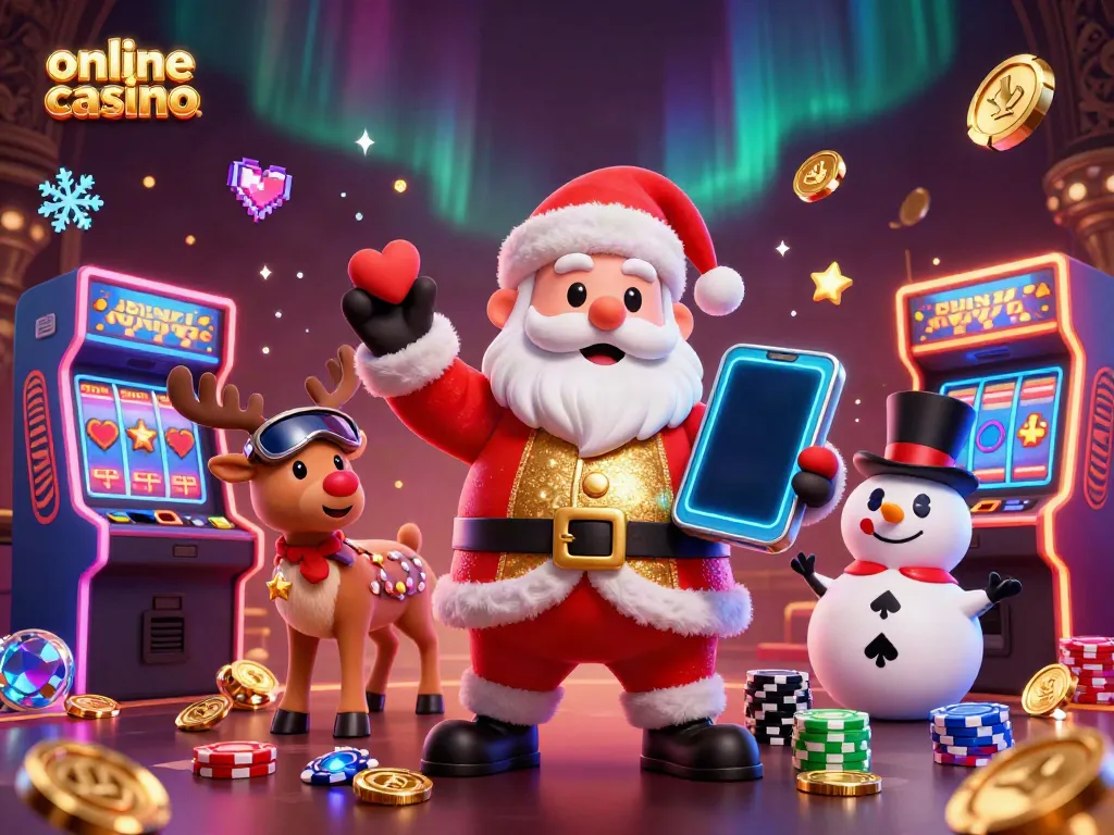 Play exciting games at an online casino with Santa, his reindeer, and a snowman enjoying victory!