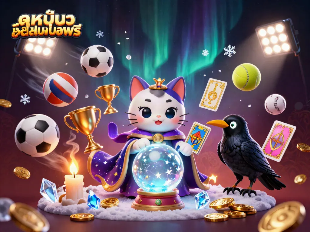 Engaging scene with ดูหนังออนไลน์ฟรี theme, featuring a mischievous cat, a raven, and dynamic sports elements.