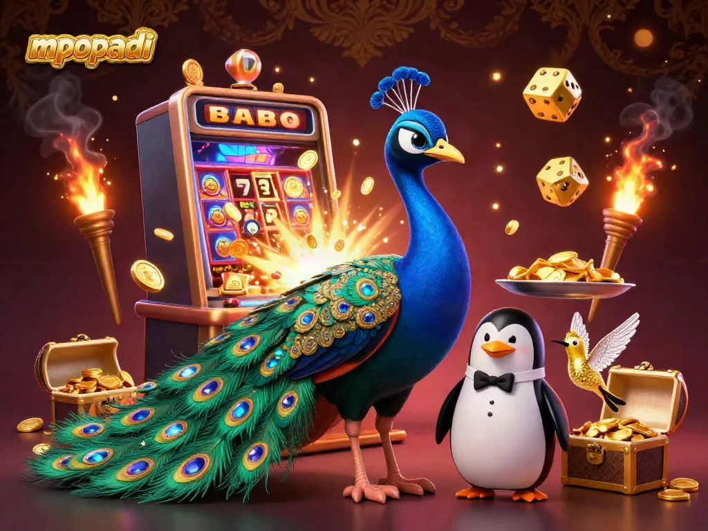 Engage with mpopadi's vibrant casino scene featuring gaming characters and slot machine excitement.
