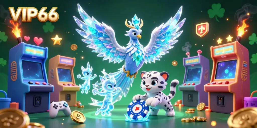 Engage with the vibrant world of VIP66 featuring an enchanting ice phoenix, a playful leopard cub, and glowing sprites amidst colorful casino elements.