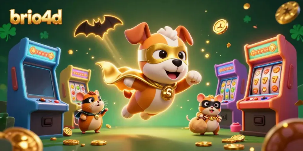 Experience the excitement of brio4d as a superhero dog soars with coins amidst vibrant casino elements.