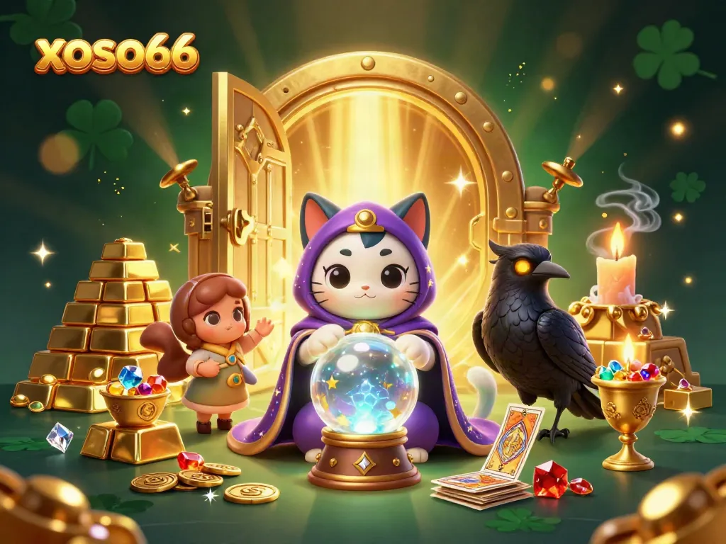Win big with xoso66: A vibrant casino scene featuring mystical characters and treasures.