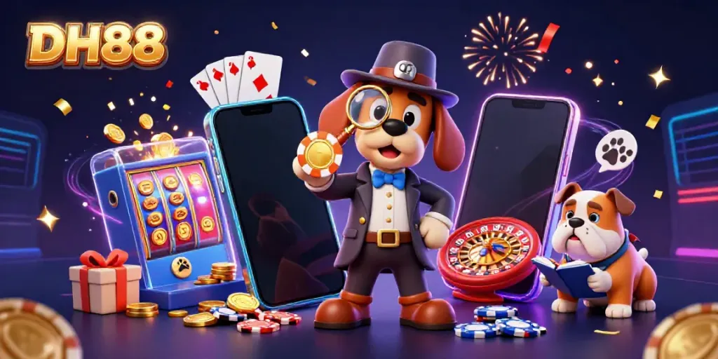 Experience exhilarating gameplay with DH88, where a detective dog explores golden poker chips surrounded by colorful games.