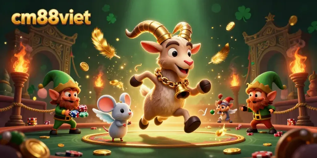 Engage with cm88viet's thrilling festive casino scene featuring chaotic characters and vibrant game elements.
