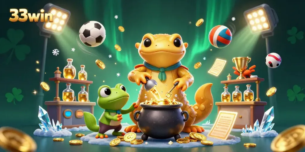 Experience the excitement of 33win with vibrant gaming elements and a magical alchemist scene.