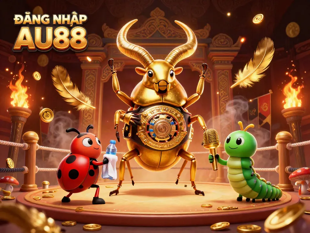 Experience vibrant ĐĂNG NHẬP AU88 action with a giant beetle champion and dynamic elements in this captivating scene.