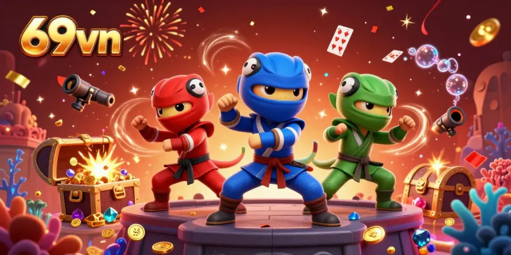 Witness the vibrant action at 69vn with ninja chameleons performing in front of an explosion of treasure coins.