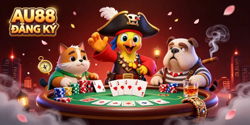Engage in AU88 ĐĂNG KÝ with this vibrant 3D casino scene featuring a pirate captain, bulldog, and cat.