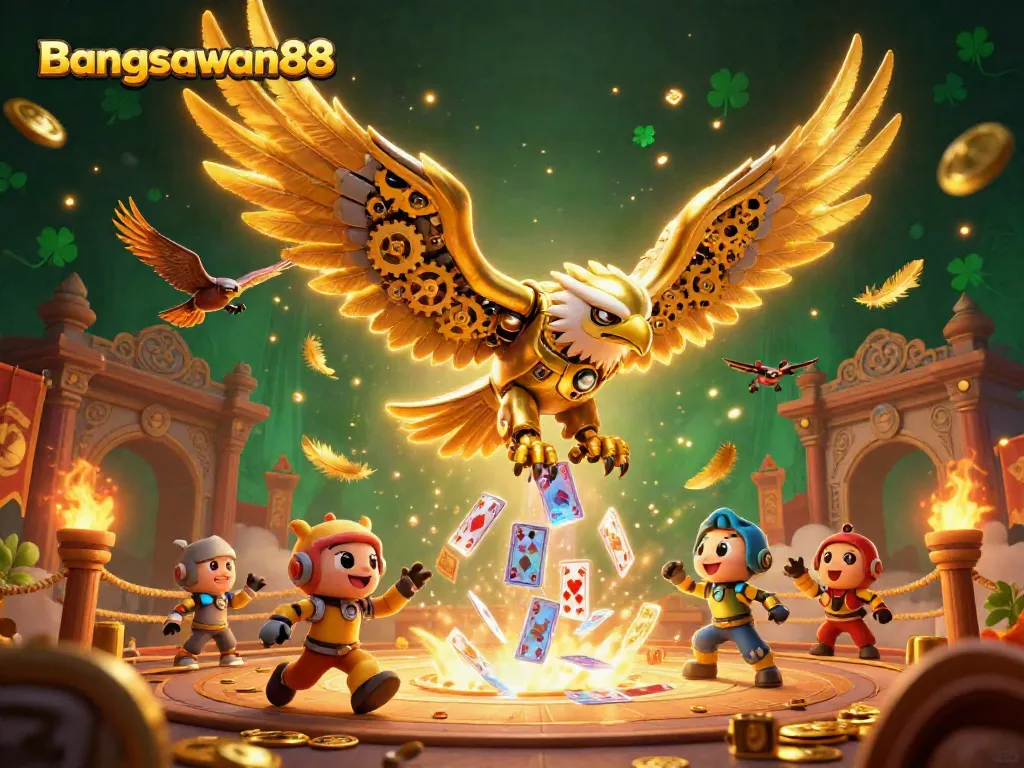 Bangsawan88 showcases thrilling online slot action with a cybernetic golden eagle in a 3D digital illustration.