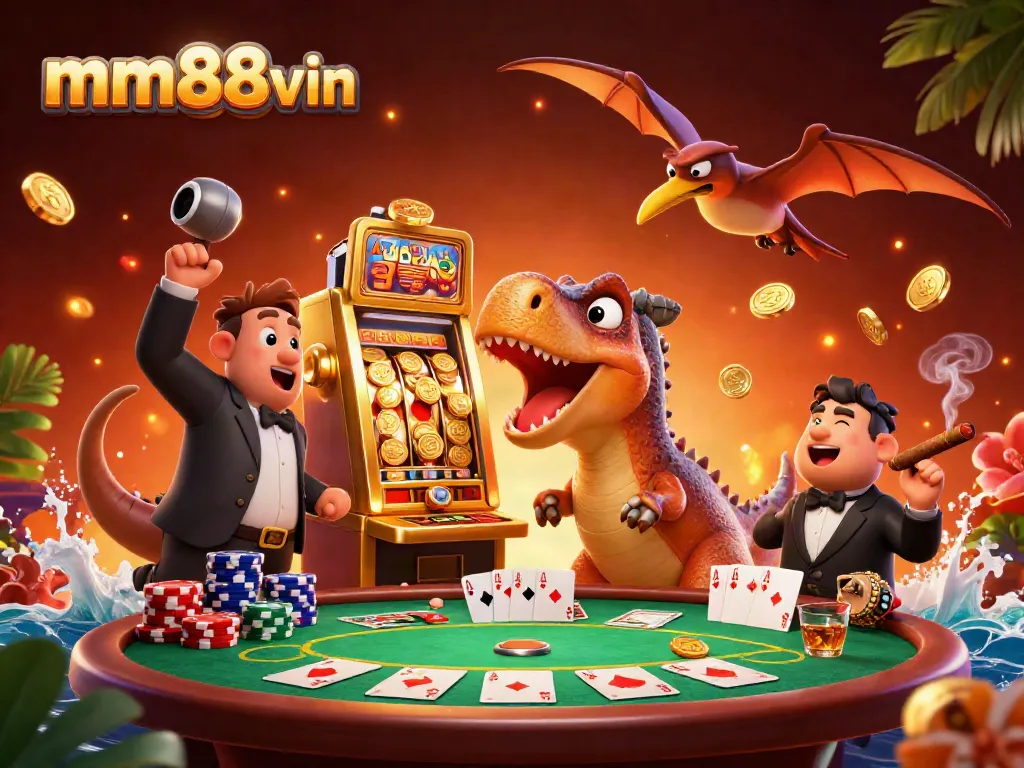 Experience mega jackpots at mm88vin with a fun dinosaur theme headbutting a slot machine.