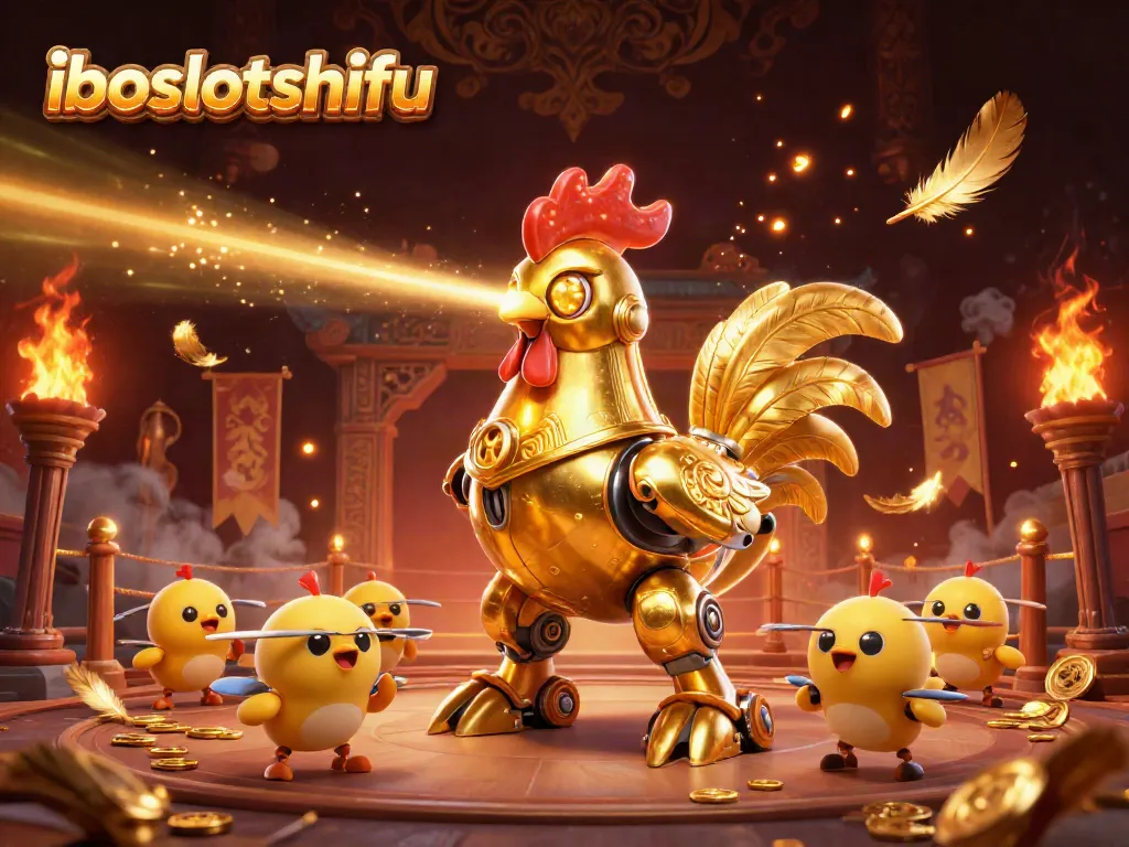 Engage in thrilling gaming at iboslotshifu with a golden rooster robot and baby chick drones.