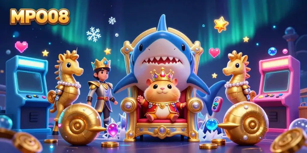 MPO08 showcases a vibrant 3D scene with a hamster king on a megalodon throne, capturing exciting gambling themes.