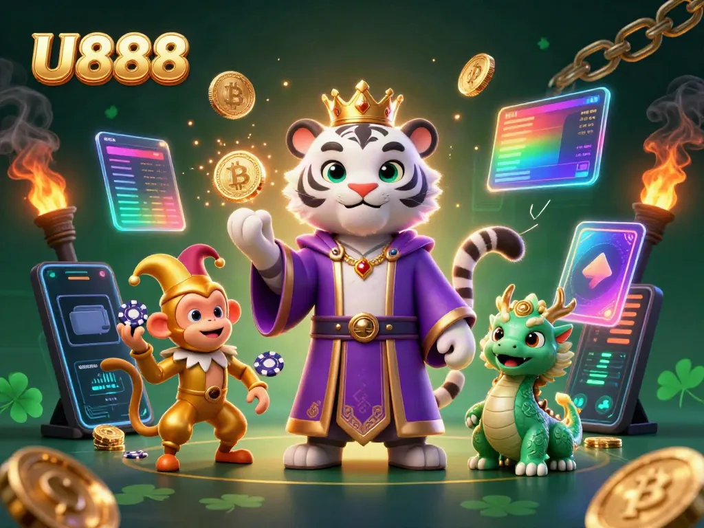 Engage in thrilling U888 online casino action with vibrant characters and crypto elements