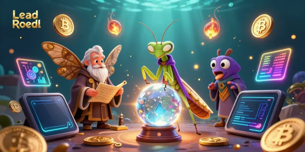 Engage with Lead Roedl's immersive 3D casino illustration showcasing fortune, wisdom, and cryptocurrency elements.