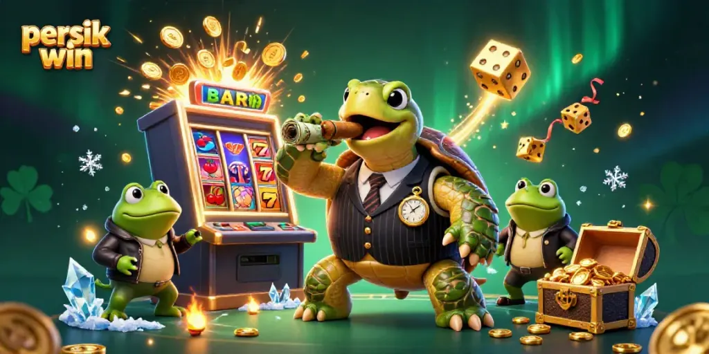 Ilustrasi menarik dari persik win dengan karakter kura-kura besar dalam setelan klasik dan mesin slot yang meletus dengan koin