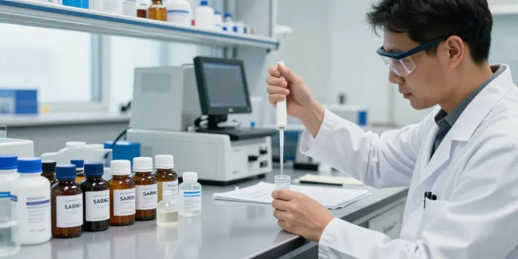 Researcher in a lab with SwissChem peptides, showcasing scientific quality.