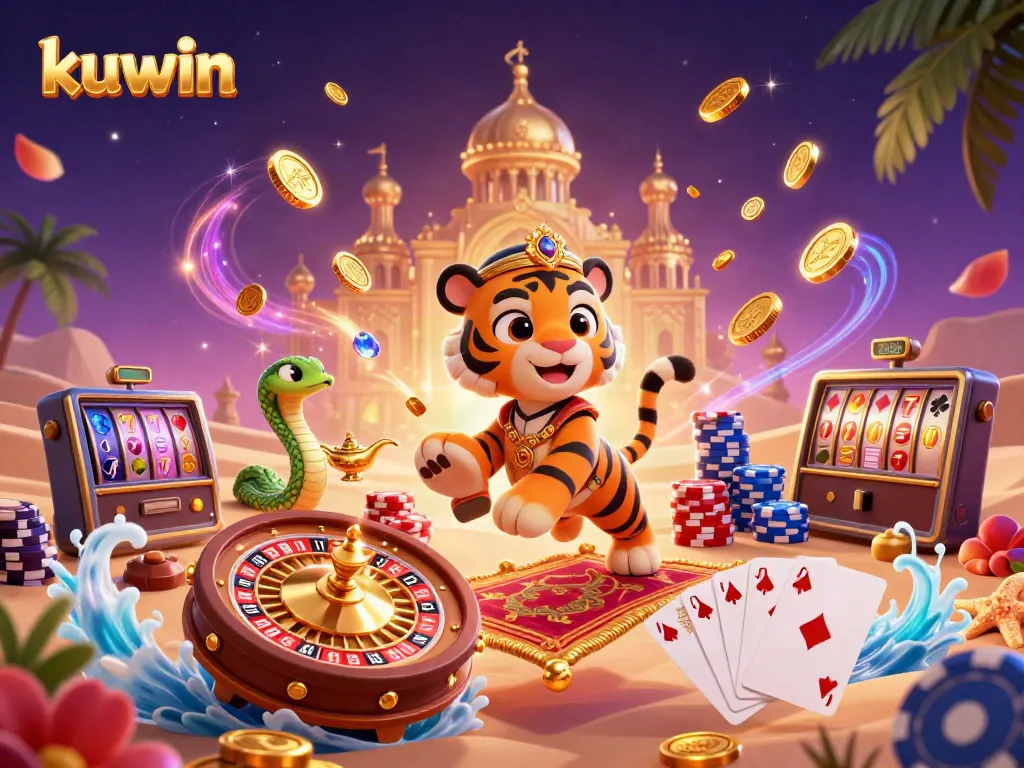 Kuwin invites players to jackpot thrills with vibrant casino scenes, featuring treasures and gaming elements.