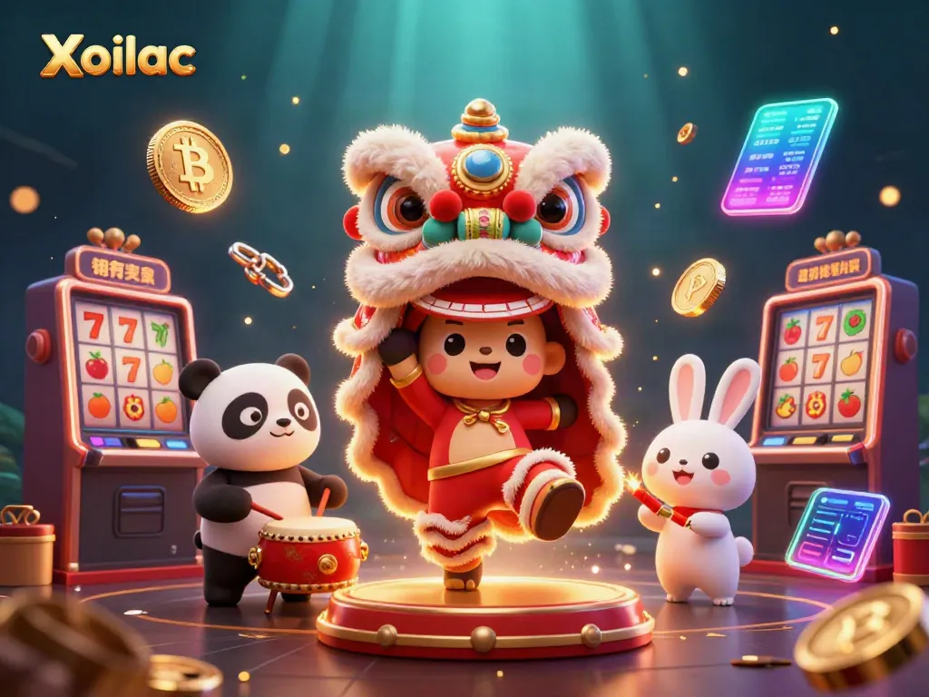 Xoilac showcases a lively casino scene with lucky symbols and engaging characters in a dynamic illustration.