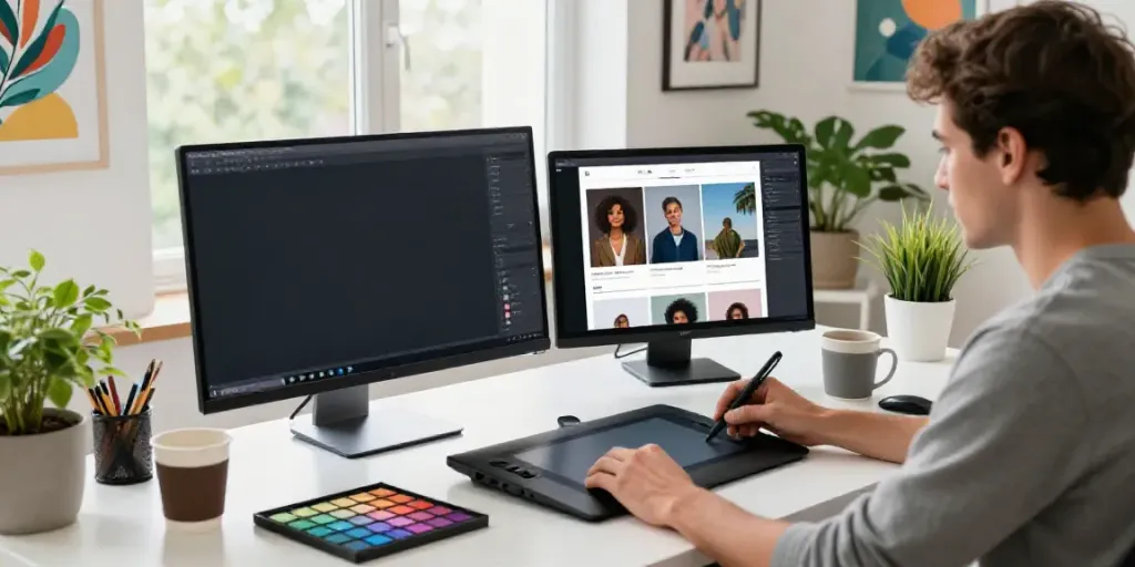 Creative tech workspace with a digital artist using an online AI blog image generator for innovative designs.