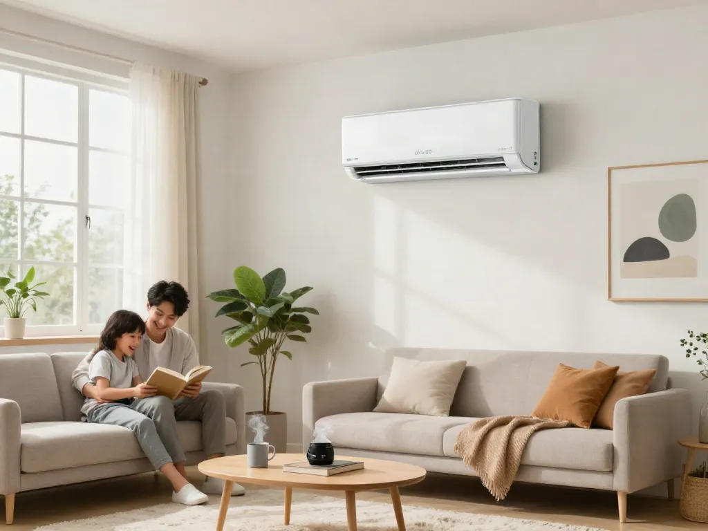 Family enjoying comfort in a stylish room with a mini split of air conditioner mounted on the wall.