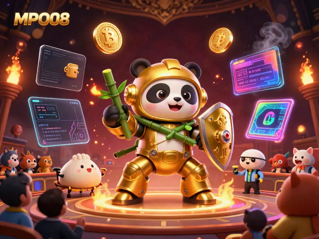 Experience the excitement of MPO08 with a golden panda in a mech-suit among a bustling casino atmosphere.