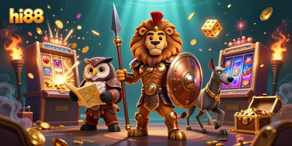 Experience vibrant gaming excitement at hi88 with a dynamic scene featuring a heroic Spartan lion, an owl strategist, and a swift greyhound messenger amidst casino elements.