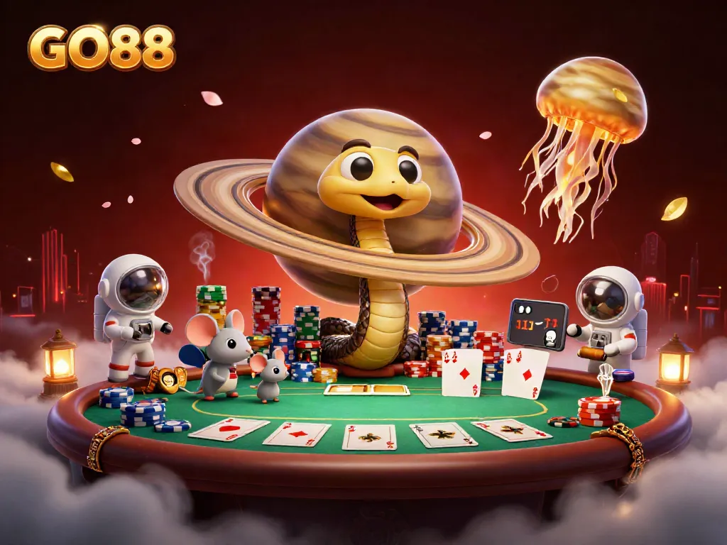 Engage in thrilling casino action at GO88 with dynamic betting scenes and vibrant illustrations.