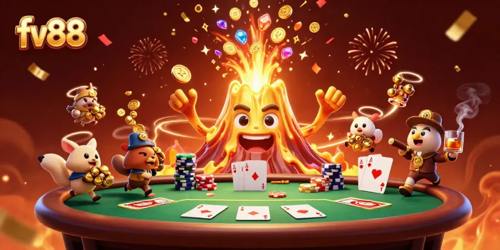 Experience the thrill of fv88 with golden volcanoes erupting coins and treasure in a vibrant casino scene.