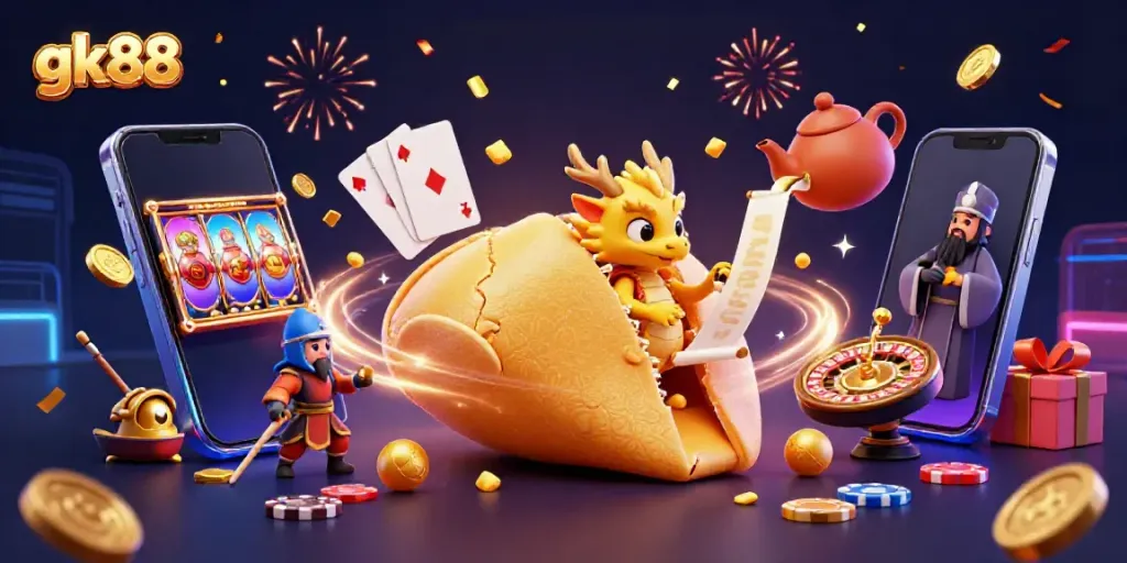 Experience thrilling action at gk88 casino with vibrant fortune cookie characters amidst slot games and golden treasures.