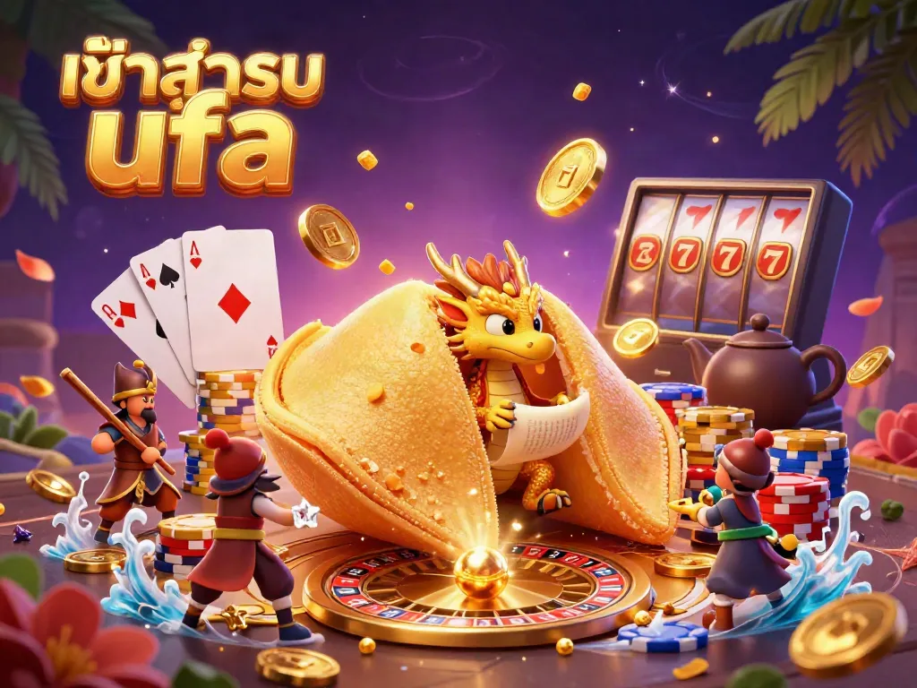 Experience the excitement of เข้าสู่ระบบ ufa with our golden fortune cookie illustration, showcasing casino elements.
