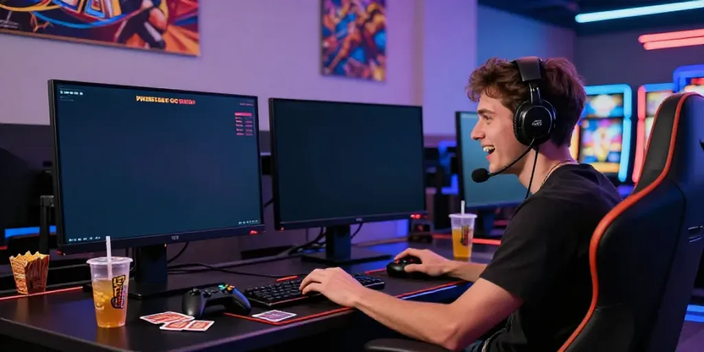 Exciting pesgslot online gaming setup with vibrant screens and snacks.