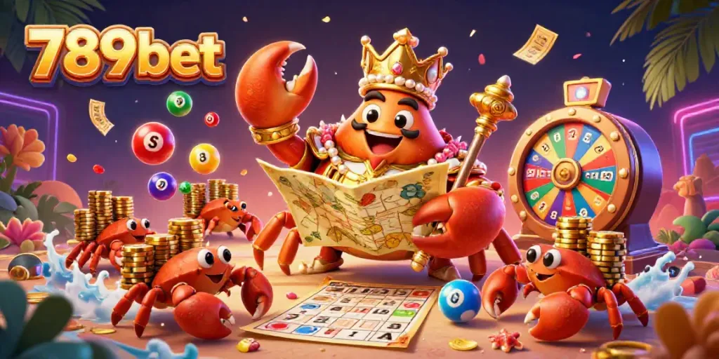 Engage with the vibrant world of 789bet, featuring a golden crab emperor and dynamic lottery elements.