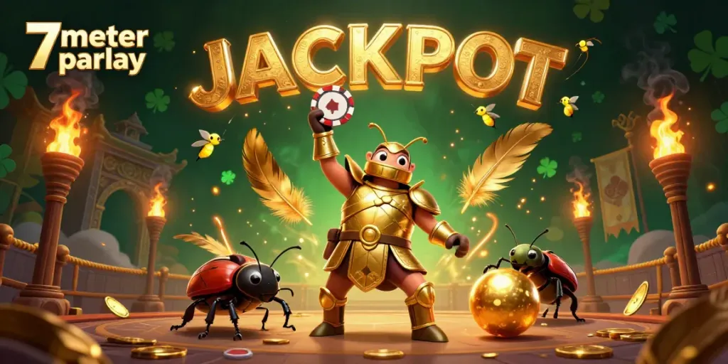 Engage with 7meter parlay, featuring a victorious beetle amidst casino elements in a rich gambling scene.