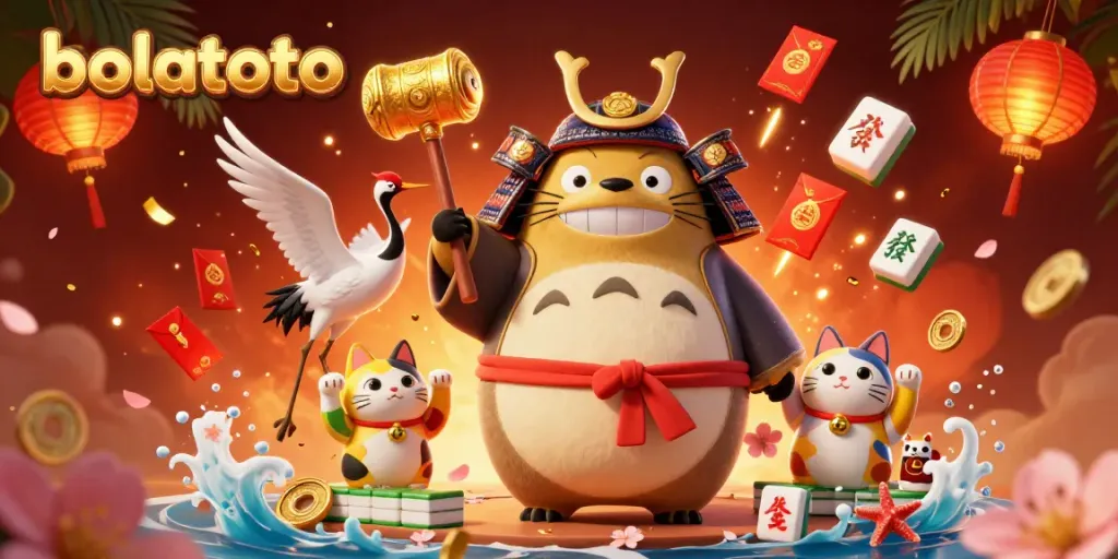Experience bolatoto with a vibrant 3D scene featuring a cheerful tanuki, crane, and fortune cats amidst festive decorations.
