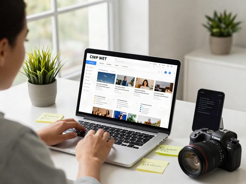 사이트모음 user navigating popular websites on a sleek laptop in a bright workspace