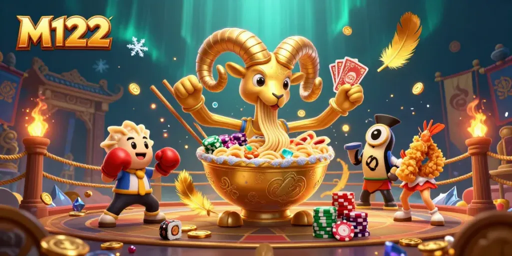 Engage with M122 in a vibrant, animated casino scene featuring colorful characters and dynamic game elements.