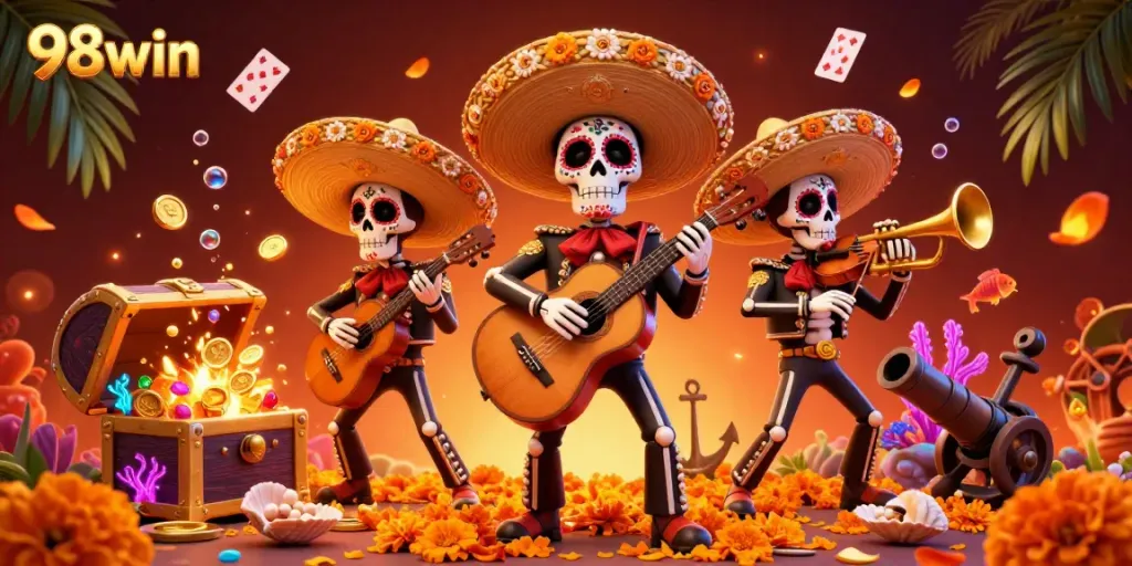 Enjoy thrilling wins with 98win's vibrant reel games featuring marine treasures and skeleton mariachi players.