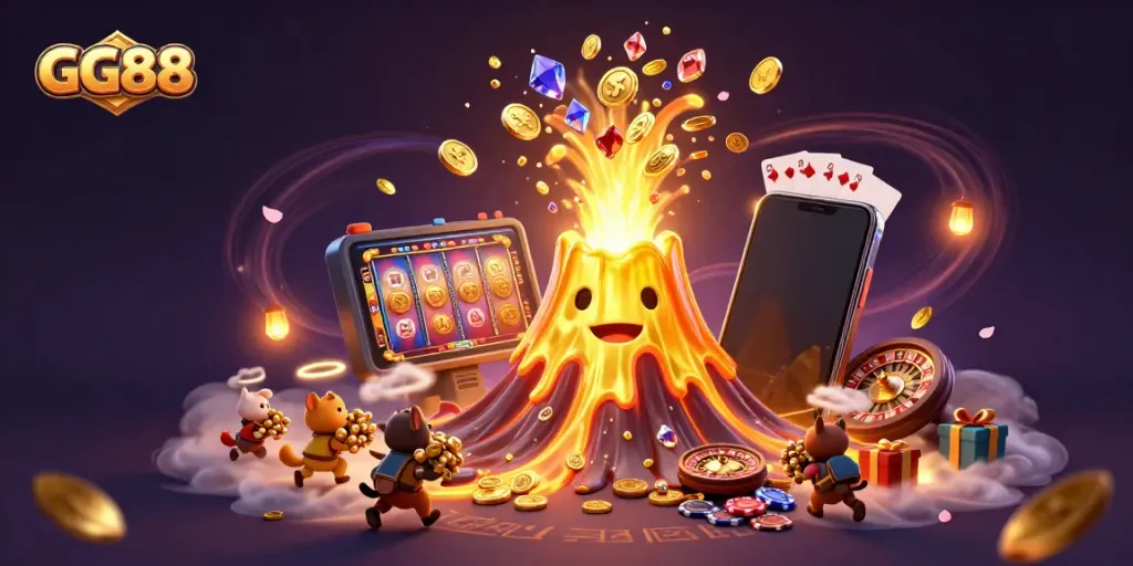 Experience the thrill of GG88 with a dynamic scene of a golden volcano erupting treasure and vibrant gaming elements.