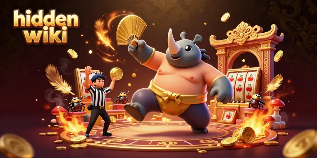 The hidden wiki showcases a dynamic scene with a beetle sumo champion amid gold coins and slot elements.