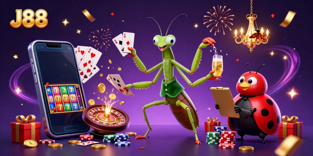 Experience J88's thrilling casino atmosphere with vibrant characters and dynamic gaming elements.