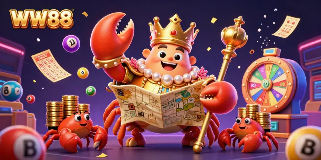 Engage in thrilling games at WW88 with a vibrant casino scene featuring a golden crab emperor.