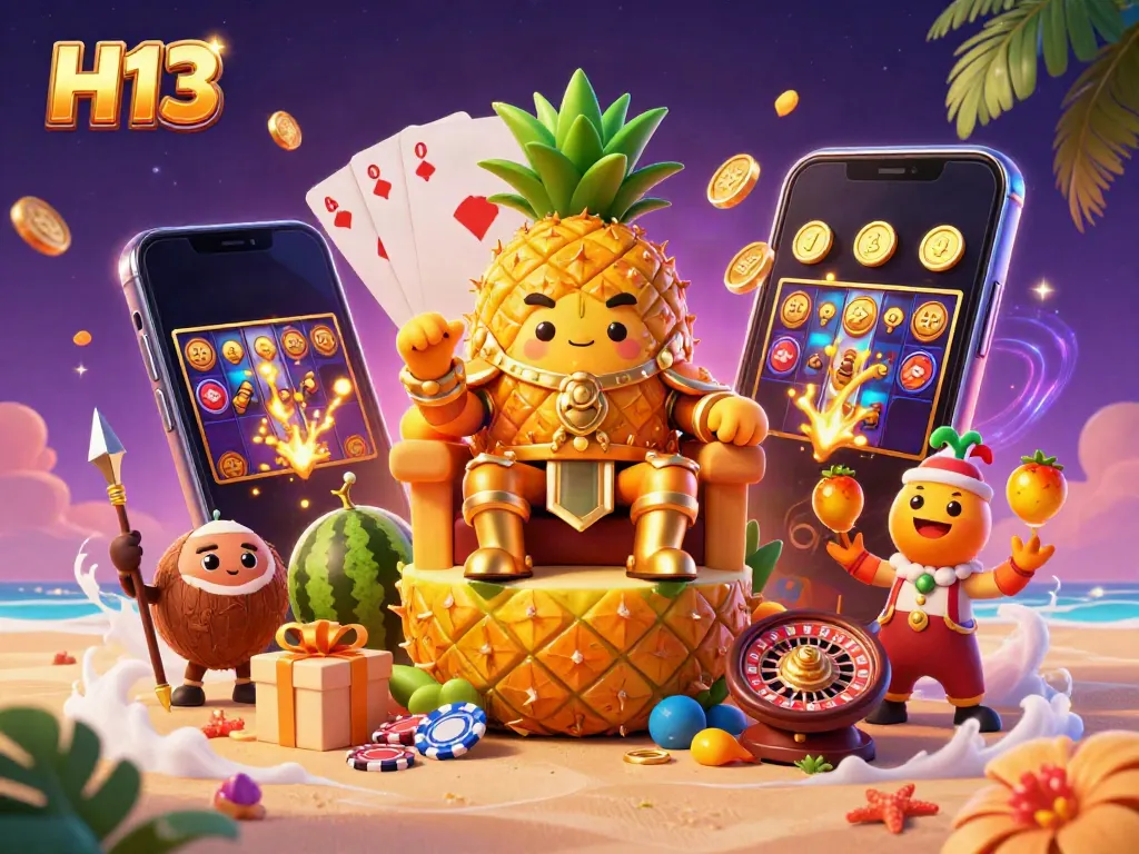 Experience gaming excitement with H13's vibrant casino scene featuring characters and slot games.