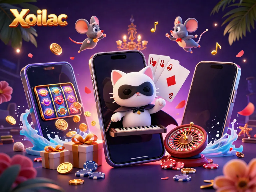 Xoilac's vibrant 3D casino scene showcasing a white cat in a half-mask playing at an ornate organ, surrounded by gaming elements.
