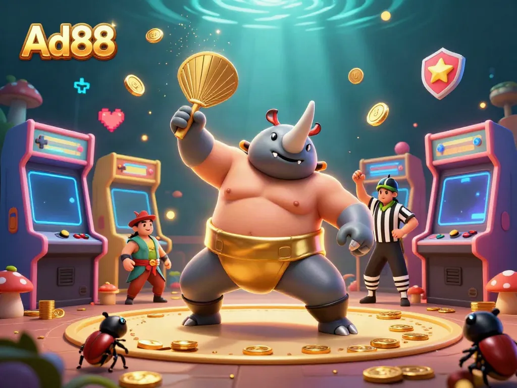 Experience the thrilling Ad88 vibes with a beetle sumo champion and colorful casino elements flying around.
