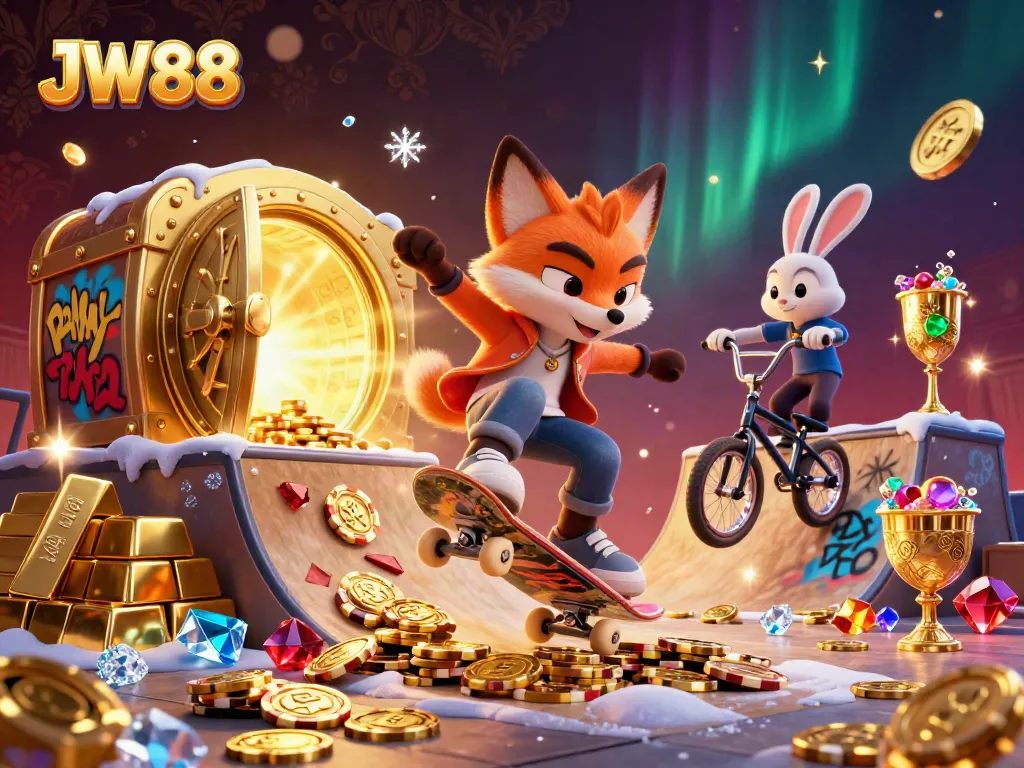 JW88 illustrates a lively casino scene with a skateboarder fox and BMX rabbit in action, surrounded by treasures.
