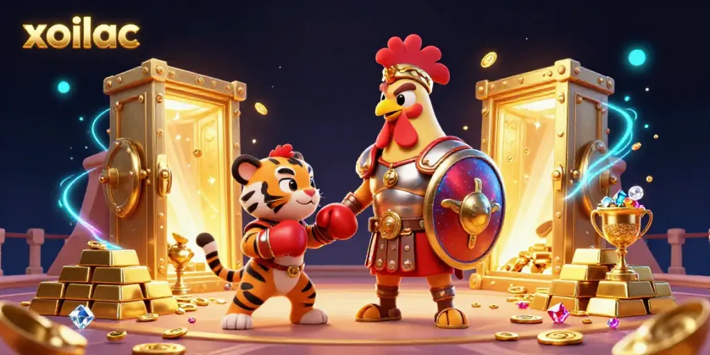 Xoilac enhances the excitement of betting with vibrant graphics and dynamic gold elements in a cinematic setting.