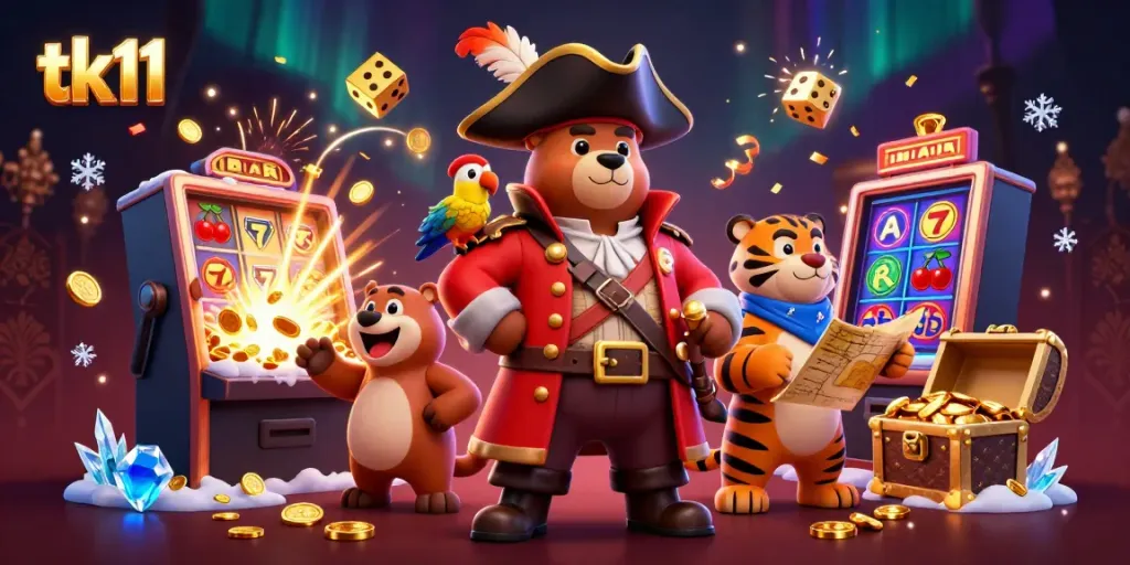 Engage with the thrilling tk11 casino gaming scene led by a captain bear amidst exploding slot machines and colorful dice.