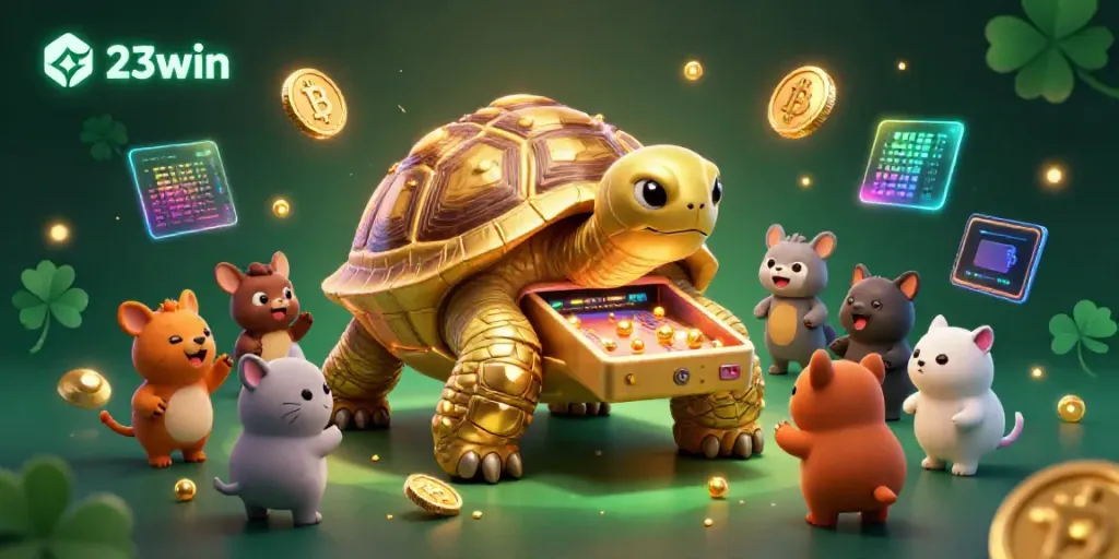 Join the fun at 23win with gaming excitement featuring a colossal tortoise pinball machine and 3D crypto coins.
